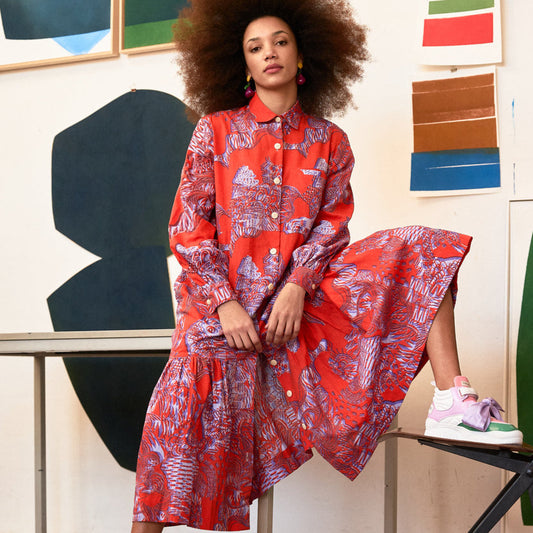 Imigongo Print Dress- Burnt Orange