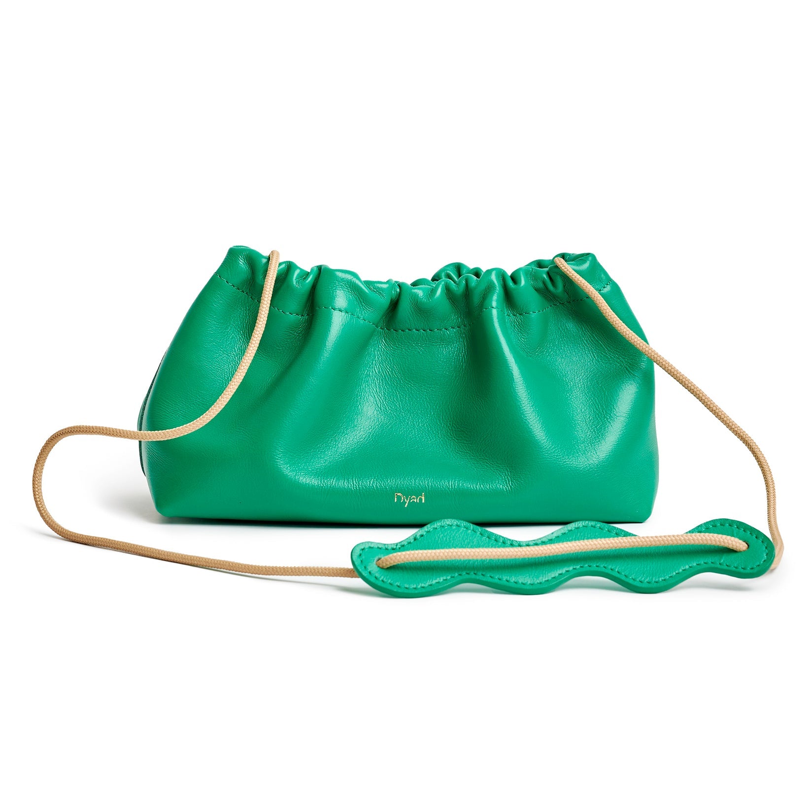 Green clutch bag with a matching strap on a white background
