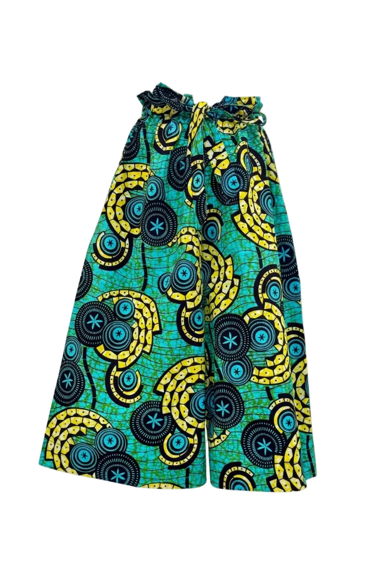 Colorful African print skirt with blue, yellow, and green patterns on a white background